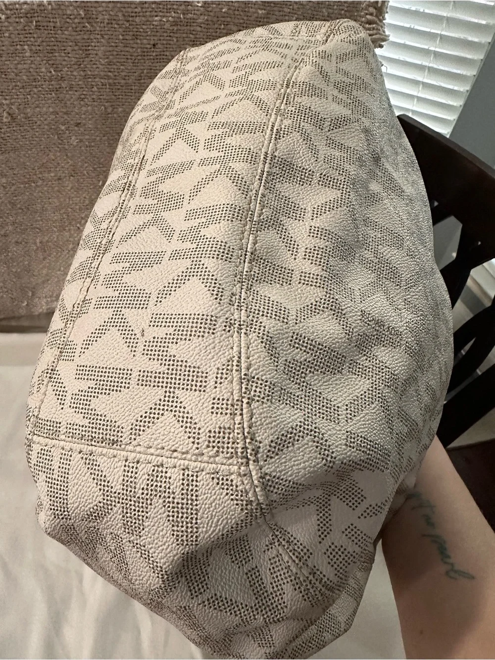 Michael Kors Cream MK Monogram Tote with Brown Trim